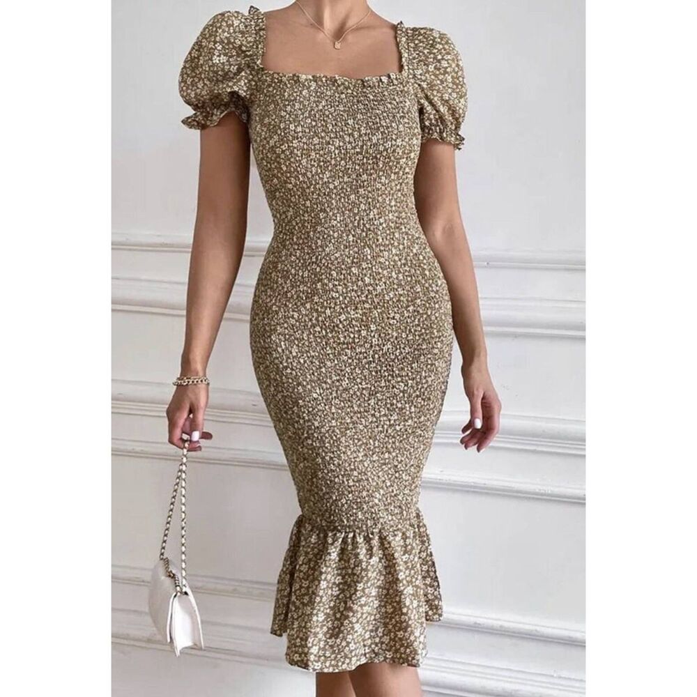 Smocked Puff-Sleeve Midi Dress in Olive Floral